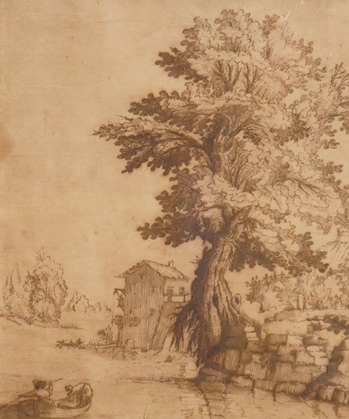 Manner of Ercole Bazzicaluva (Italian, 1590–1641), sepia ink, Riverscape with watermill, 26 x 22cm. Condition - fair